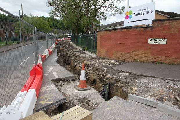 Trench that will become linear roadside rain gardens