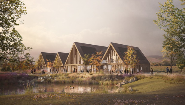 CGI showing community hub building and lakes