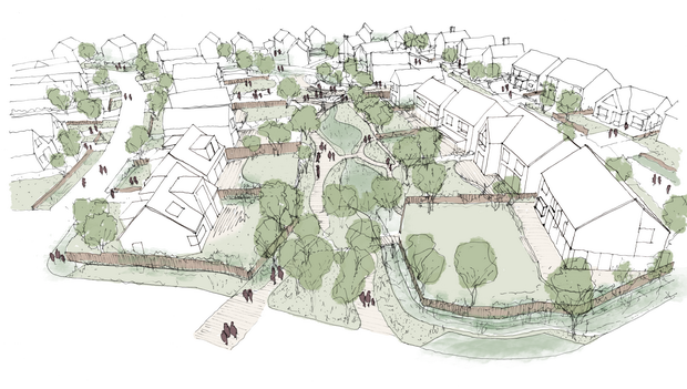 Sketch showing housing with swales