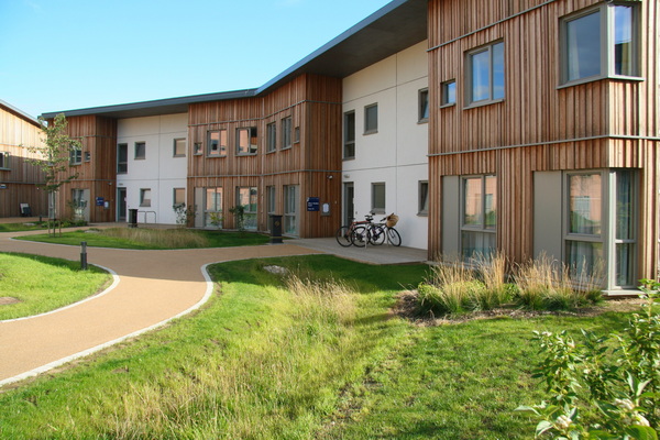 Modern buildings with green swale in foreground